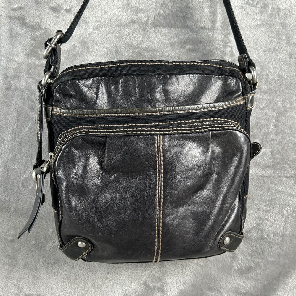 Fossil Black Canvas Leather Trim Crossbody Bag with Key Charm Small Messenger